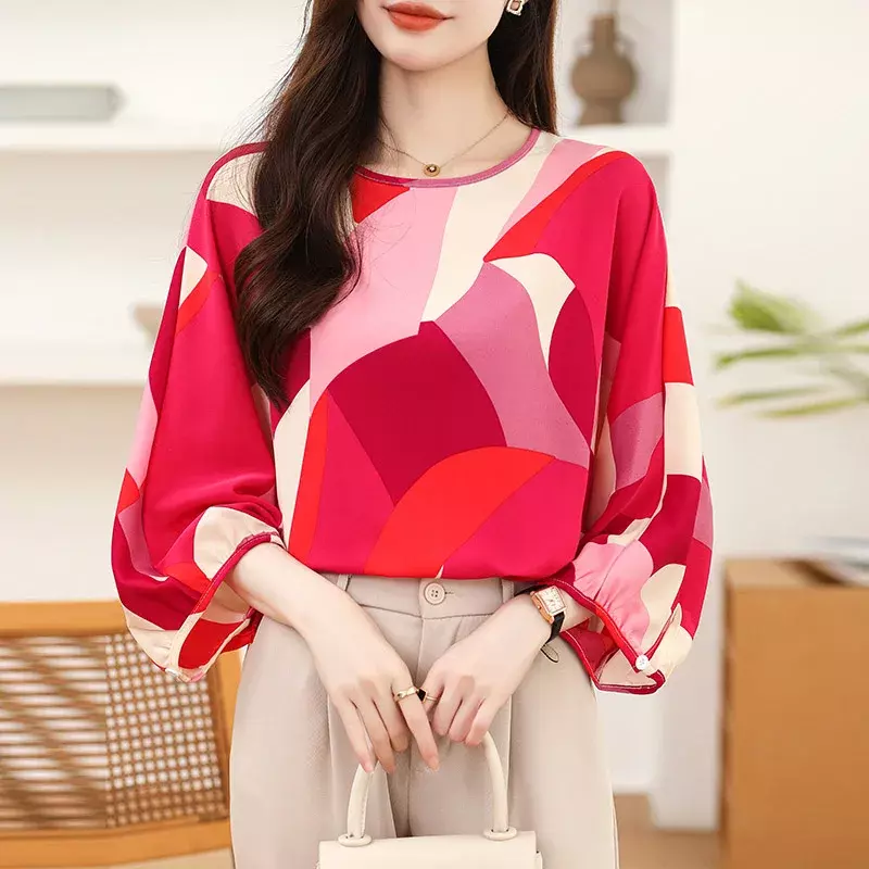 Женская шифоновая блузка с принтом, Повседневная Свободная блузка из шелка тутового шелкопряда с рукавами летучая мышь для ранней весны, Z233, 2024