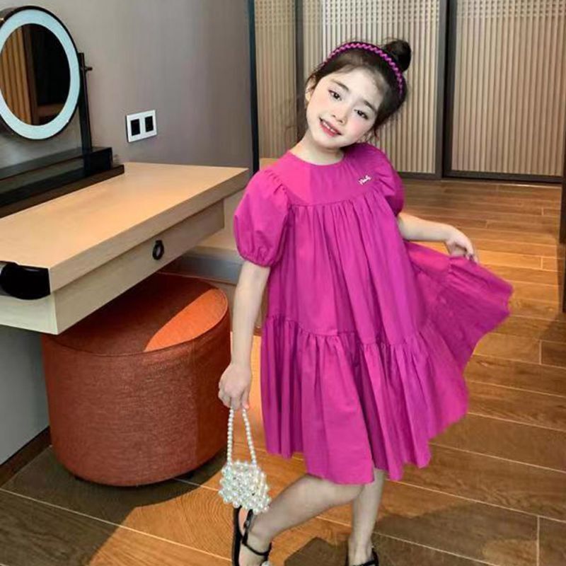 Gaun Princess anak perempuan, Gaun lengan Puff sederhana warna polos modis bersirkulasi untuk anak perempuan
