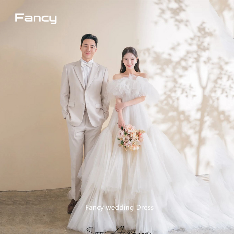 Fancy Ivory Off Shoulder Korea Women Photoshoot Wedding Dress A Line Tiered Ruffles Bridal Gown Short Sleeve Prom Dresses