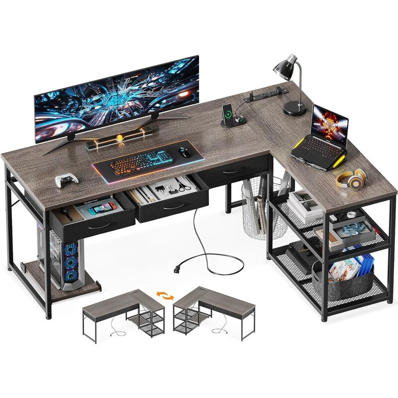 Meja Komputer berbentuk L 61 inci dengan laci, meja sudut dengan saluran keluar daya & rak penyimpanan reversibel, CPU dapat digerakkan