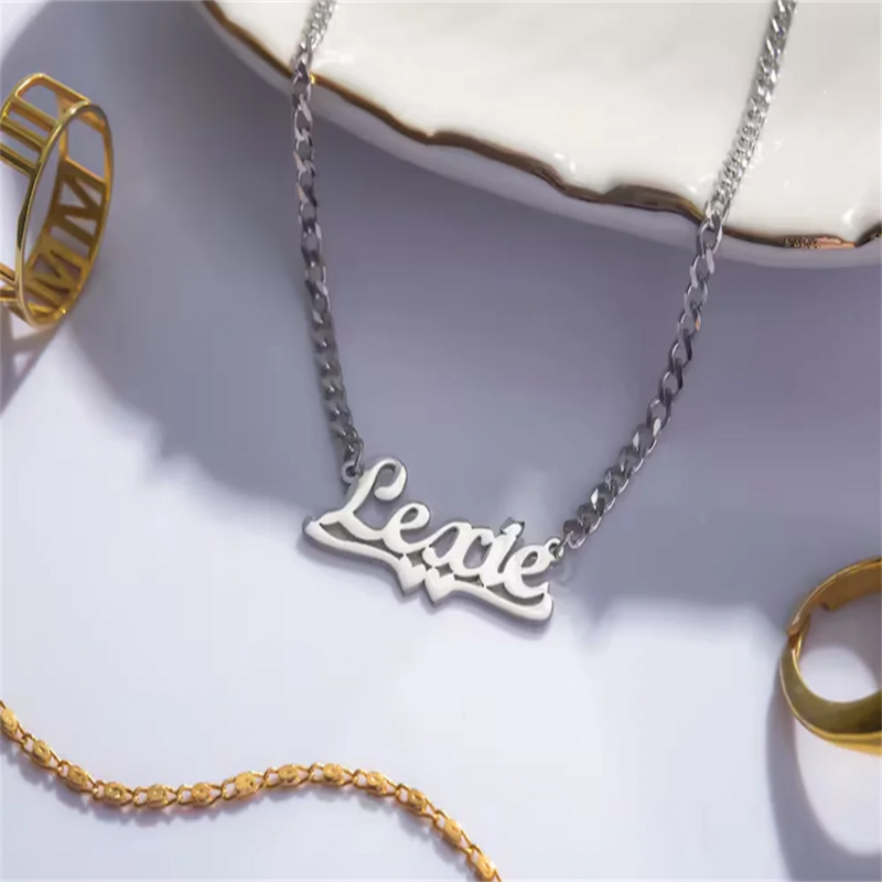 Collar con nombre personalizado para mujer, collar de corazón personalizado, collar cubano, collar de oro de acero inoxidable para niña, regalo para mujer