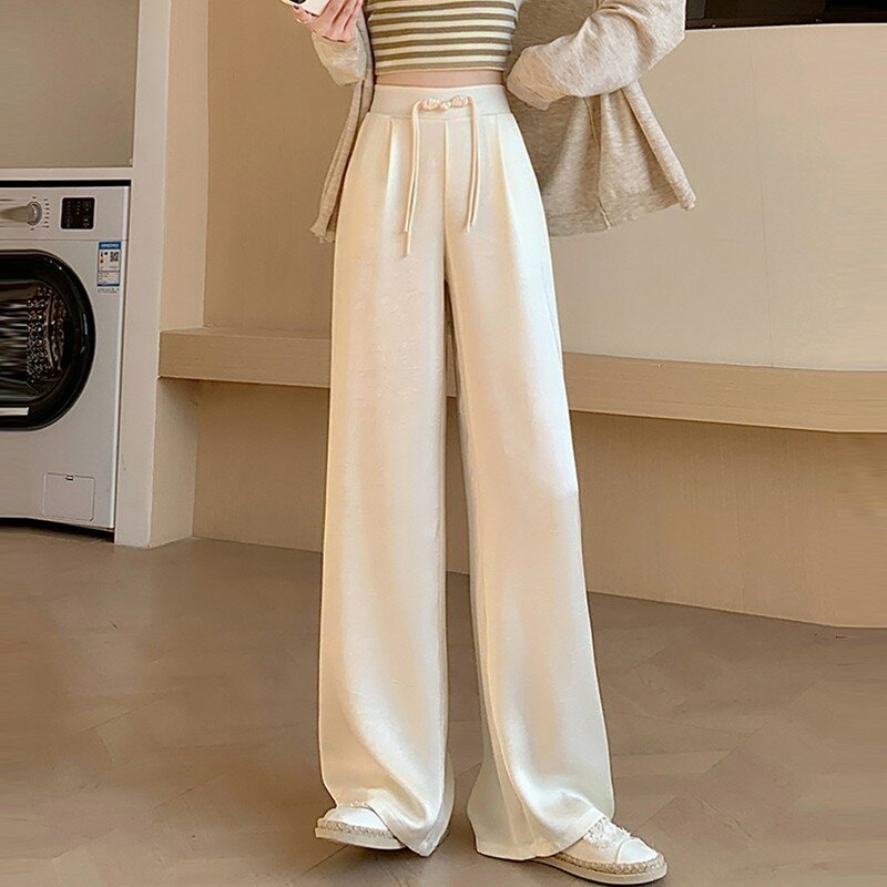 Spodnie z szeroką nogawką z wysoką talią Kobiety Nowość 2024 Wiosna Koreański styl Vintage Solid Color Basics OL Lady Casual Trousers W1734