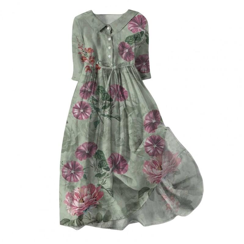 Женское платье с коротким рукавом, плиссированное однобортное платье-трапеция с принтом, высокой талией и широким подолом, лето