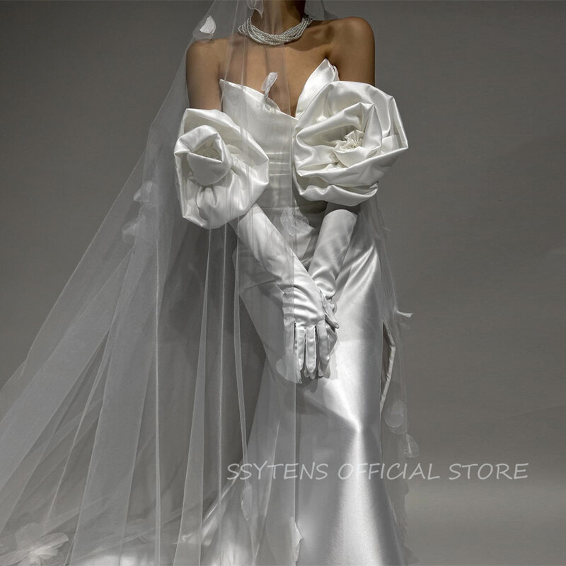 Exquisite White Mermaid Wedding Dresses Strapless Detachable 3D Flowers Puff Sleeves Bride Dress Vintage Wedding Gowns 2024