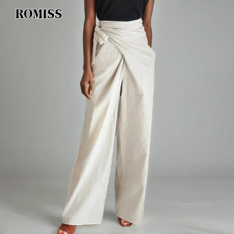 ROMISS Asymmetrical Ruched Long Trousers For Women High Waist Patchwork Bowknot Solid Loose Wide Leg Pants Female Autumn 2024