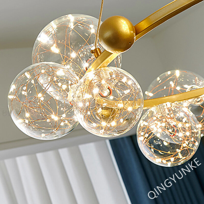 Gypsophila wisiorek LED Lights złoty okrągły długa taśma szklana Starlight lampa wisząca do jadalni romantyczny wystrój kuchni