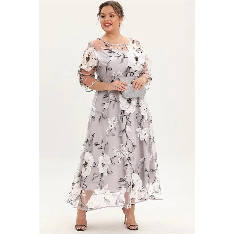 Plus Size Mother Of The Bride Grey and Green Floral Print Mesh Layered A Line Half Sleeve Tunic Maxi Dress