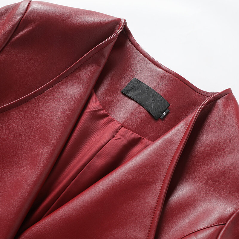 Женская короткая куртка на одной пуговице, винно-красная Осенняя приталенная куртка из натуральной кожи с отложным воротником и длинным рукавом