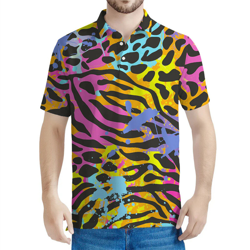 Kaus Polo macan tutul warna-warni Pria Wanita, atasan lengan pendek bercetak 3D kepribadian jalan musim panas