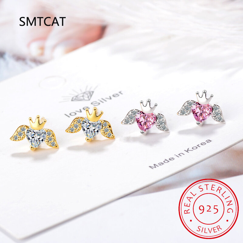 2024 Real 925 Sterling Silver Romantic Heart CZ Angle Wings Crown Stud Earring For Women Daughter Birthday Gift Fine Jewelry