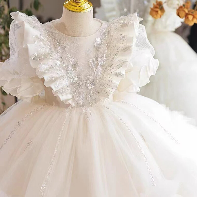 Shiny Sequins Elegant Tulle Puffy applique Lace Flower Girl Dress For Wedding Short Sleeve Birthday Party First Communion Gowns