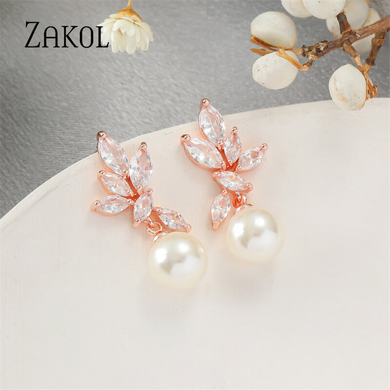 ZAKOL Korea Classic Imitation Pearls Drop Earrings for Women Fashion Cubic Zirconia Leaf Dangle Earring Bridal Wedding Jewelry