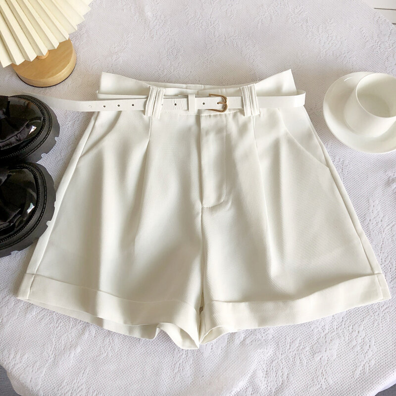 Pantalones cortos informales ajustados de cintura alta, Shorts versátiles minimalistas coreanos, Color sólido, holgados, de pierna ancha con cinturón
