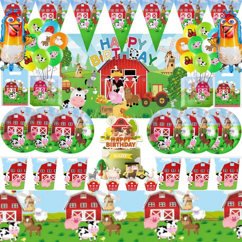 Animali da fattoria decorazione per feste palloncini cartone animato mucca pollo maiale carta stoviglie sfondo Baby Shower forniture per feste di compleanno per bambini