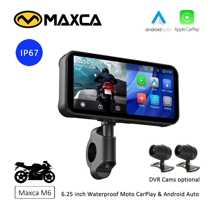 Maxca M6 모토 무선 안드로이드 자동 애플 카플레이, 6.25 인치 터치 스크린, IPX7 방수, 듀얼 HD1080P DVR 카메라 옵션