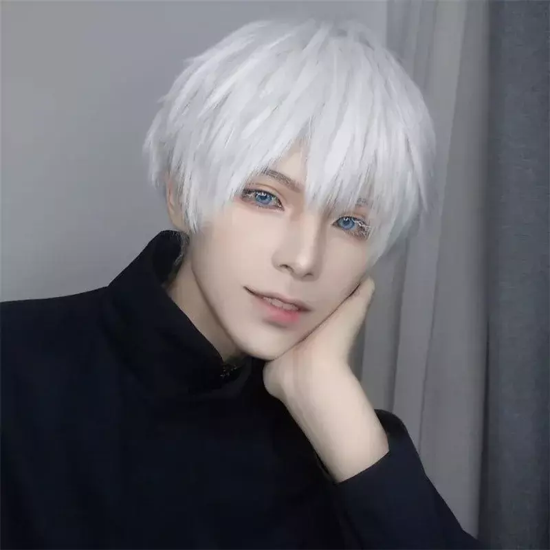 شعر مستعار قصير أبيض من SatoruGojo للرجال ، تصميم تأثيري ، شعر مستعار اصطناعي