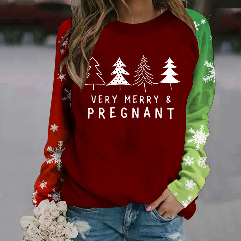 Womens Autumn And Winter Fashion Christmas Tree Print Two Color Long Sleeve Round Neck Casual Ladies Zip Front Sweatshirts