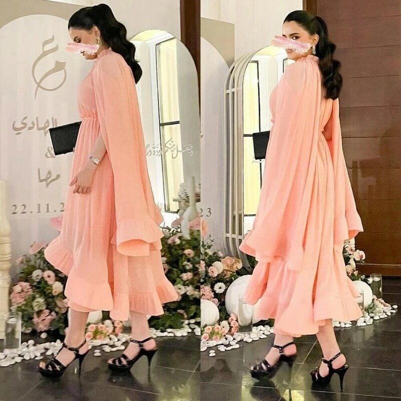 Gaun malam sifon Arab Saudi, gaun acara Midi, kerah tinggi model A-line, Gaun lipit lipit, Gaun malam Formal, baju lipit
