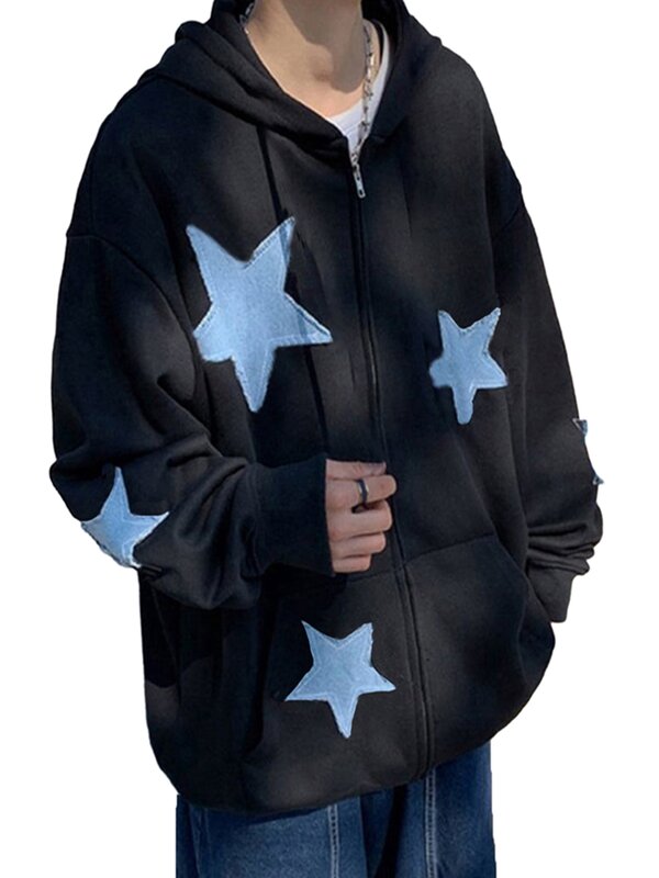 Women Y2k Zip Up Hoodie Vintage Star Graphic Long Sleeve Hooded Sweatshirt E Girls Harajuku Aesthetic Jackets