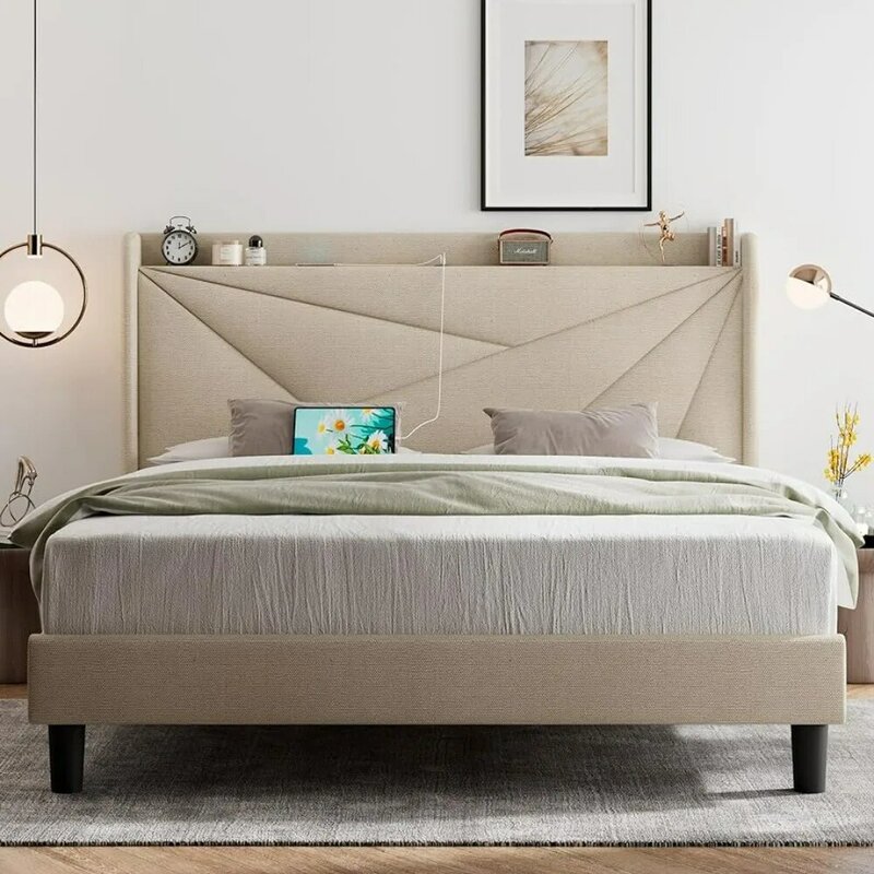 Cadre de lit Queen Size avec ports USB Type-C, cadre de lit à plateforme, planche de sauna en bois massif, stockage à oreilles