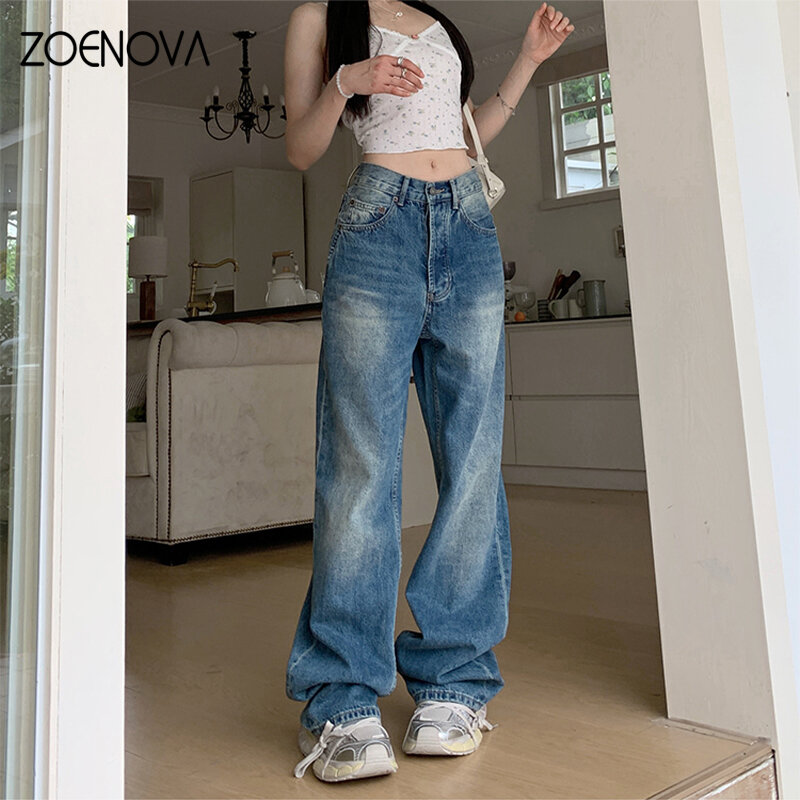 ZOENOVA Maillard Fashion Women's Jeans 2024 Summer Y2K Retro Casual Trousers High Waist Loose Straight Dark Denim Wide Leg Pants