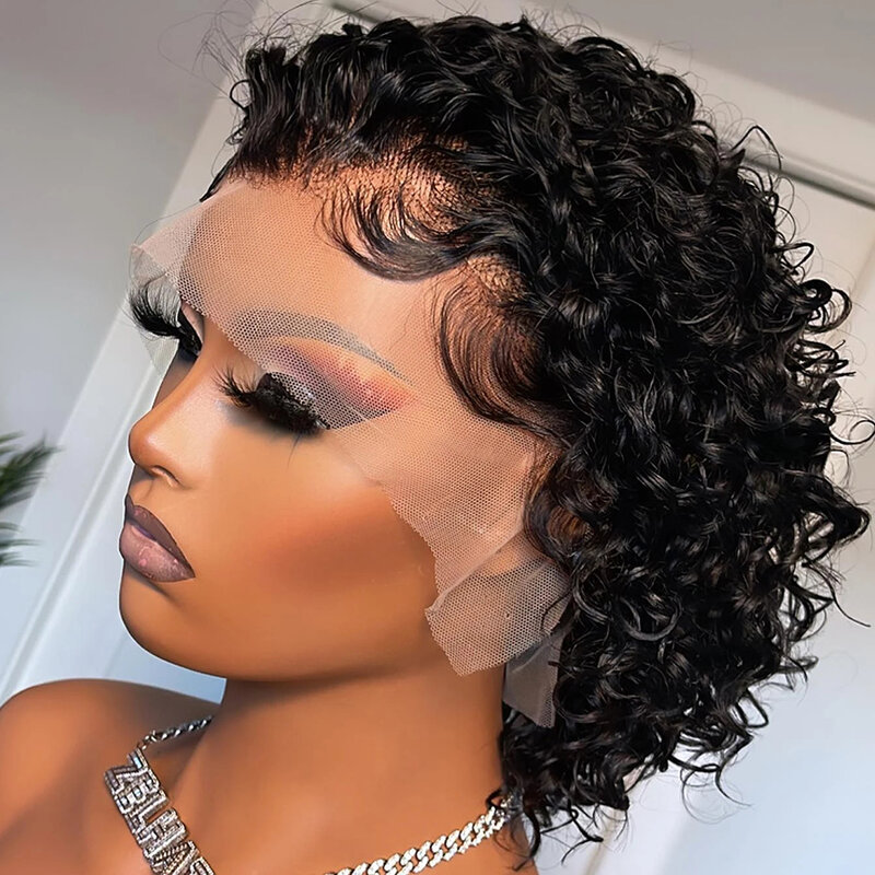 Pelucas frontales de encaje 13x4 para mujer, cabello humano con corte Pixie, 180% de densidad, Color negro, ONDA DE AGUA, corte Pixie corto, prearrancado