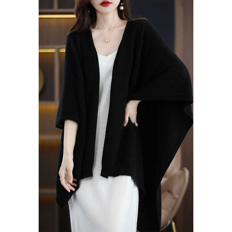 Xale de lã de comprimento médio feminino, versão coreana, sem mangas, capa de caxemira, jaqueta de alta qualidade, casual, primavera, outono
