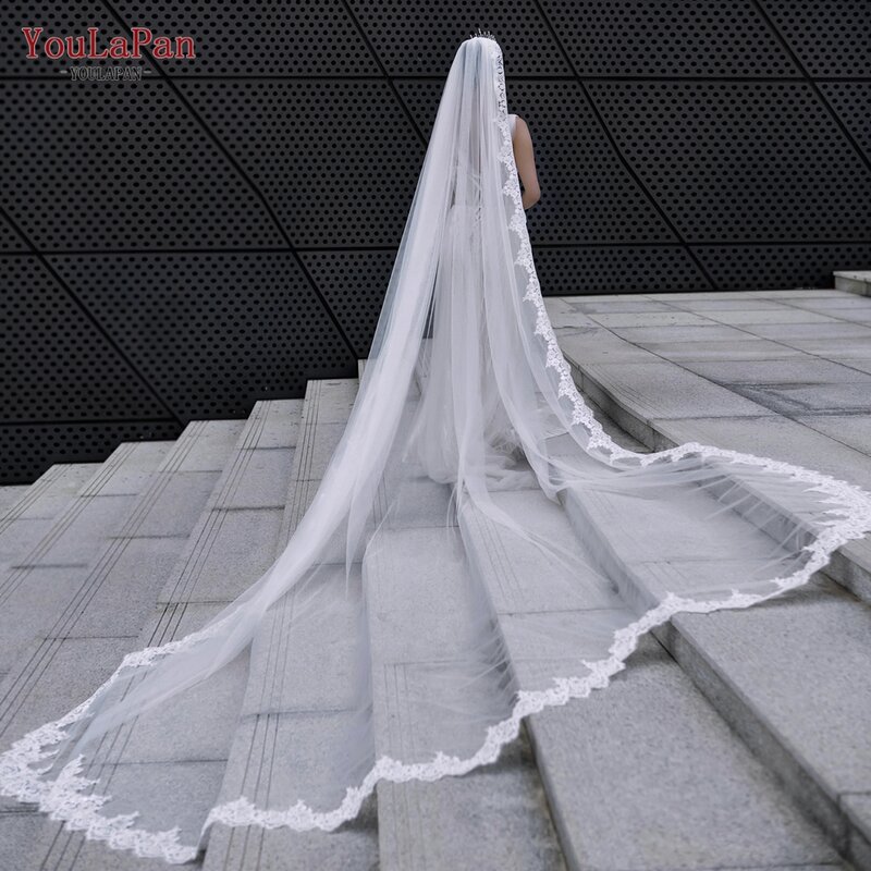 Youlapan v75 véus de noiva casamento catedral comprimento fina vieira guarnição do laço única camada borda laço véu catedral mantilla