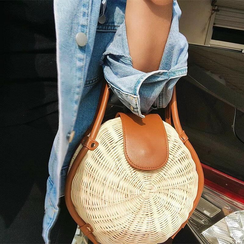 Tas tangan wanita rotan Fashion baru tas rotan anyaman jerami pantai Bohemian tas wanita bundar desainer kualitas tinggi dompet belanja