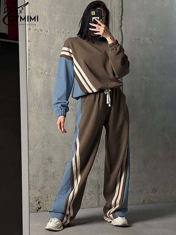 Oymimi Casual Blue Patchwork Sets For Women 2 Pieces O-Neck Long Sleeve Blouse And Drawstring Straight Sweatpants Set Streetwear