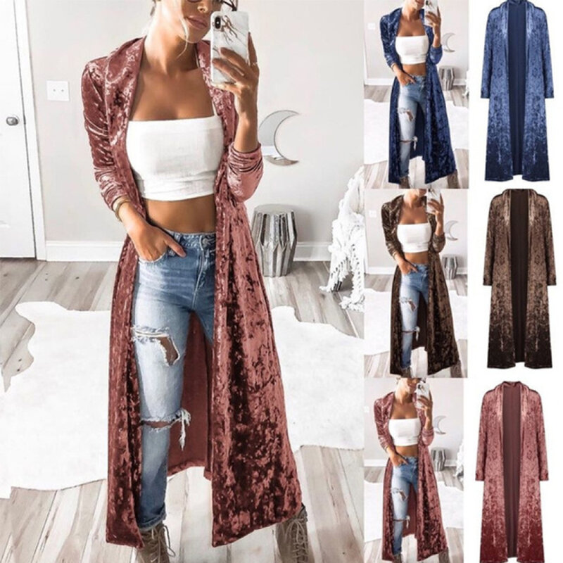 Women's Autumn and Winter Coat Velvet Casual Long Sleeve Jackets Loose Waist Solid Cardigan Windbreaker Mid Length Trench