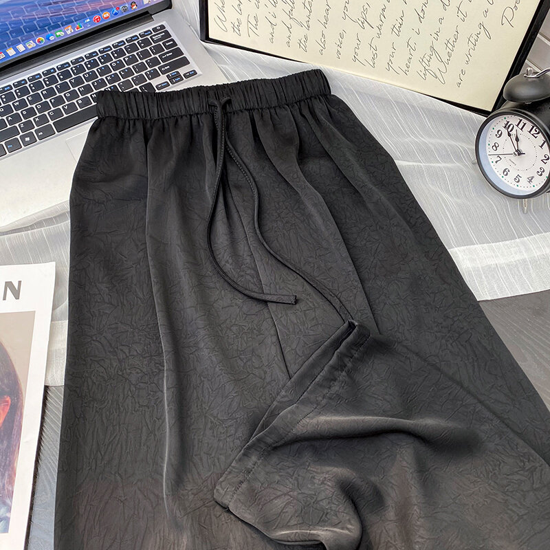 Mexzt กางเกงขาม้าผ้าซาตินผู้หญิงเอวสูงสีดำสไตล์เกาหลีกางเกงขายาวเต็มตัวทรงแบ็กกี้ฤดูร้อนกางเกงขาทรงกระบอก
