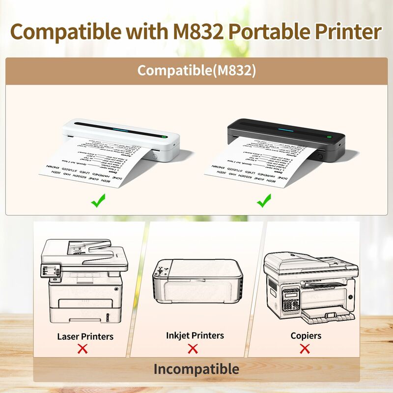Papel de impresora térmica M832 sin BPA, papel de impresión portátil con letras de EE. UU./A4/53/80/110mm para impresora Phomemo M832 A4