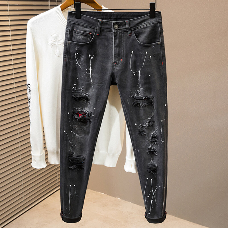 Personalized Black Spray-painted Skinny Jeans Stretch Cotton Slim Pants Korean Fashion Ripped Youth Small Foot Denim Trousers