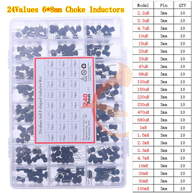 6x8 8x10 9x12 scatola Kit induttore a forma di I 2.2/3.3/4.7/10/15/22/33/47/68/100/220/330/470/680uH/1mH/2.2/3.3/4.7/10/20/30/100mH