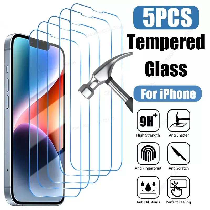 5PCS Tempered Glass For iPhone 14 13 15 12 11 Pro Max 13 12 Mini Screen Protector for iPhone 15 14 Plus XR XS Max SE 2020 Glass