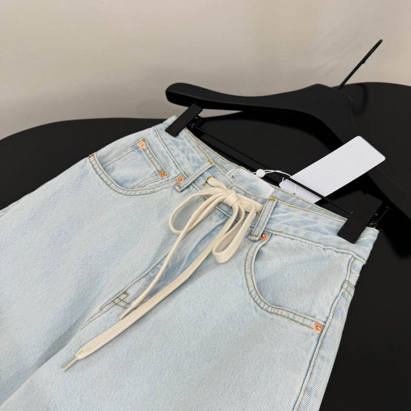 Celana jeans wanita kasual minimalis, celana jins minimalis wanita dengan tali pinggang tinggi, efek elastis dan pelangsing, celana kaki lebar dan longgar