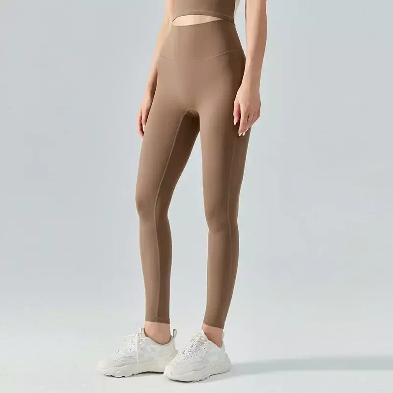 Pantalones de Yoga desnudos con cintura alta y Abdomen, lijado de doble cara, levantamiento de cadera de melocotón, pantalones de Fitness ajustados para correr.
