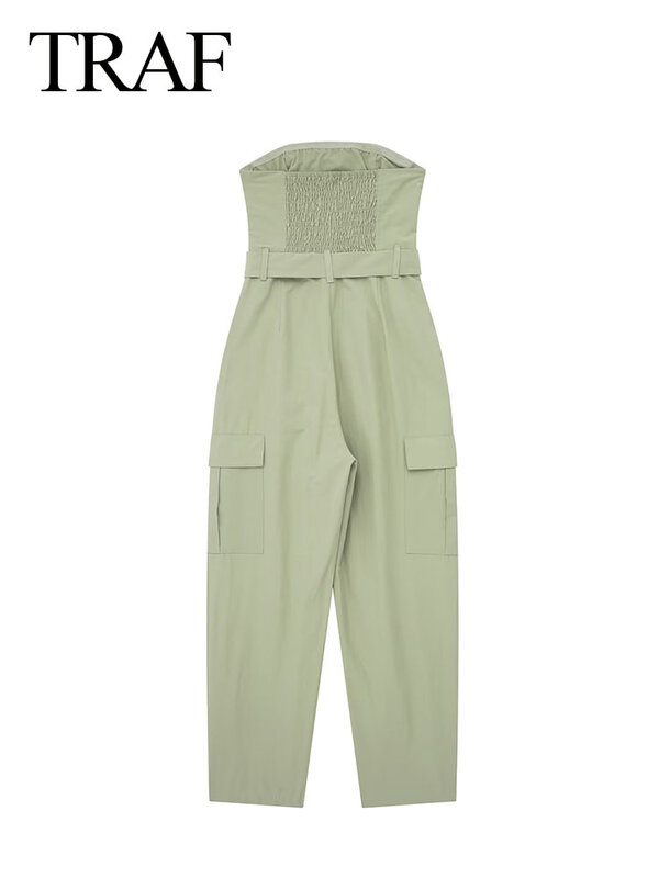TRAF-mono verde liso con cinturón para mujer, pantalones Cargo verdes sin mangas, ropa holgada y elegante de calle, Y2K, novedad de 2023