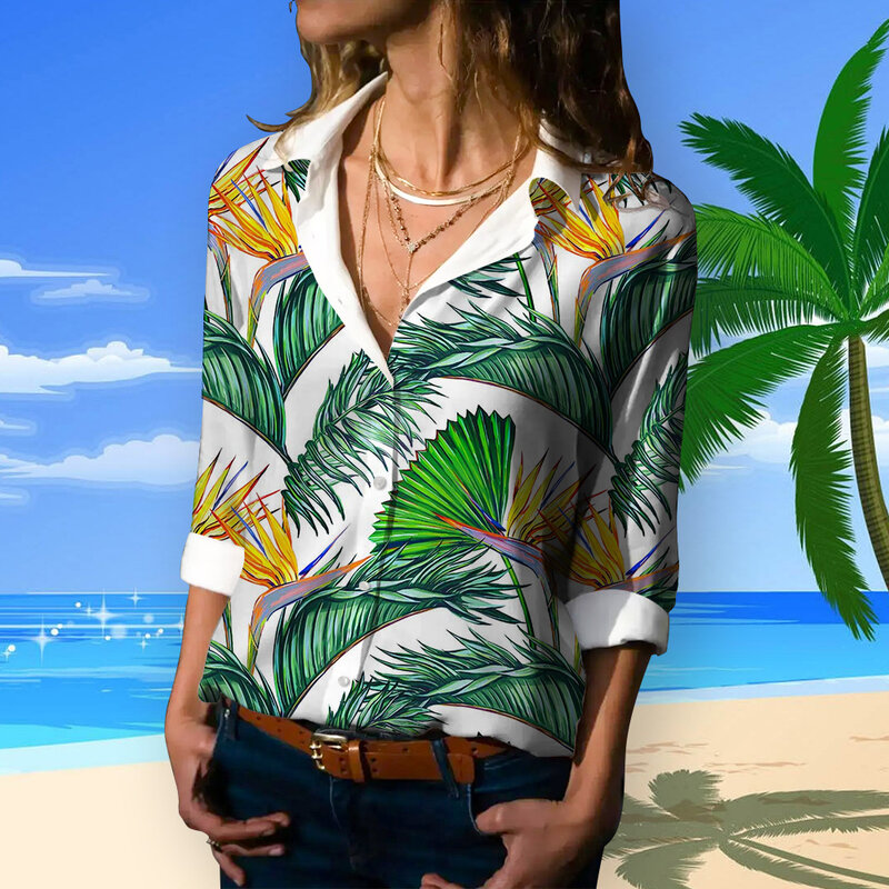 Camisas de manga larga con botones de ocio Vintage para mujer, camisas de playa de Estilo Hawaiano, camisas de solapa Harajuku, Tops de gran tamaño