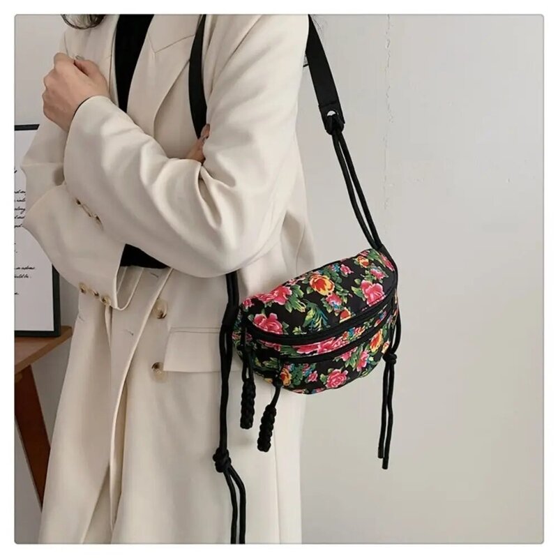 Bolsa axilas de nylon de grande capacidade para mulheres, bolsa padrão floral, bolsa casual com zíper, moda