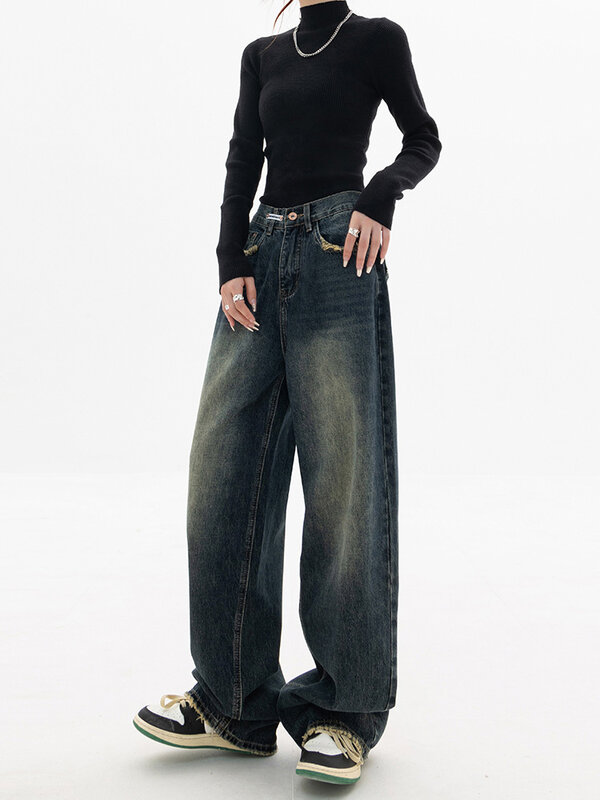 MATTA Jeans Wanita Pinggang Tinggi Mode Longgar Semua Cocok Jeans Wanita Harajuku Antik Gaya BF Streetwear Celana Jeans Denim Kaki Lebar