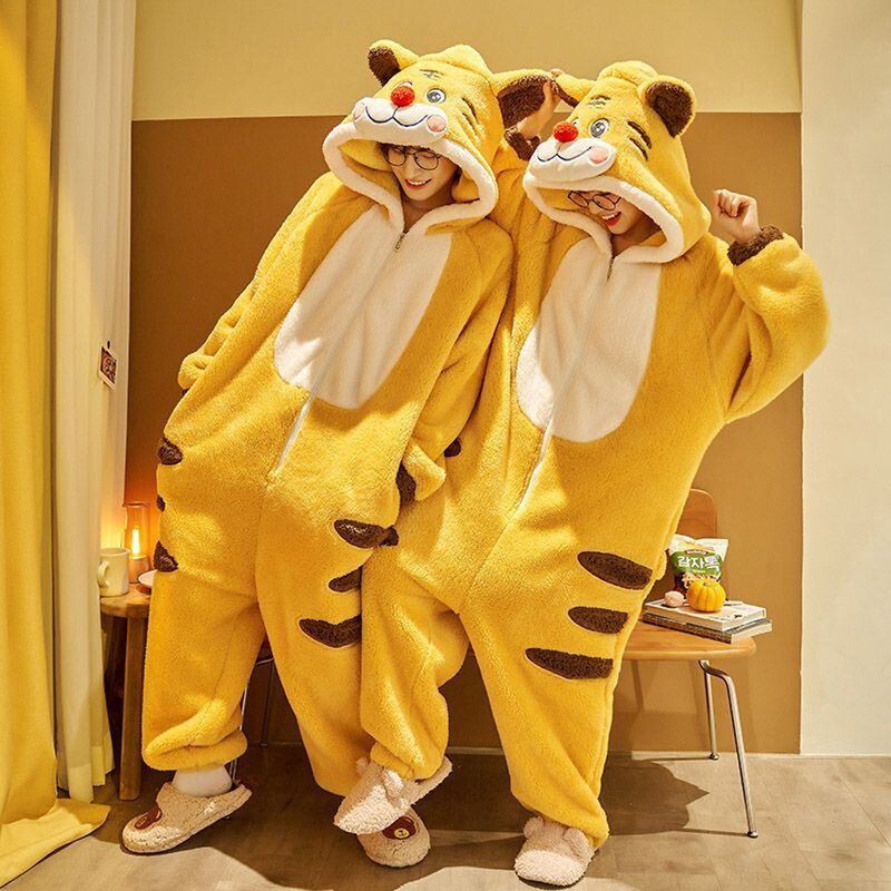Pijama de tigre de franela para mujer, mono cálido de terciopelo, ropa de dormir Unisex, monos gruesos holgados con capucha de felpa, ropa de casa de invierno