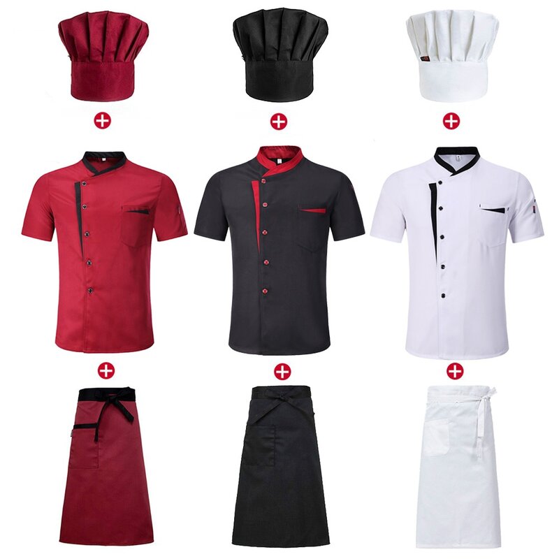 Conjunto de chaqueta de Chef de manga corta, uniforme de trabajo de cocina de Hotel, camisas de cocina de restaurante, sombrero y delantal