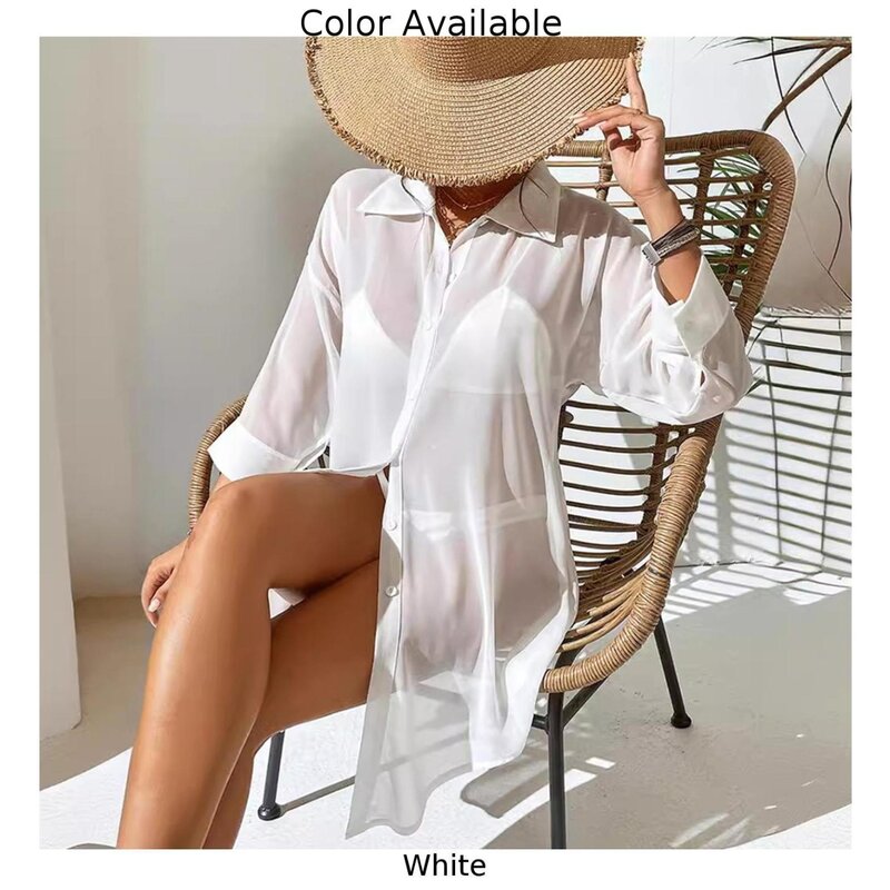 Camisas de gasa de manga larga para vacaciones, traje de baño blanco ultrafino, Vestido de playa, camisa de playa, cubierta de Bikini, cómodo