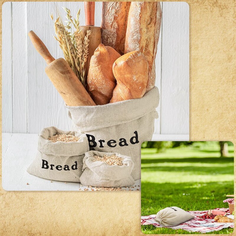 Sacchetti di pane da 3 pezzi sacchetti di pane riutilizzabili con coulisse in tela come mostrato sacchetti di pasticceria non sbiancati per la conservazione degli alimenti fatti a mano