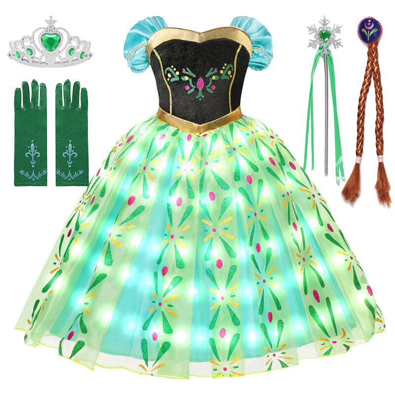 Disfraz de Elsa y Anna de Disney para niñas, vestido de princesa con luz LED para fiesta de cumpleaños y Carnaval