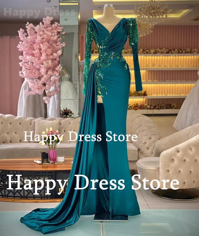 New Formal Evening Dress V-Neck Appliques Mermaid Satin Prom Dress Party Dress Floor-Length Cocktial Gown Robes de soirée 2024