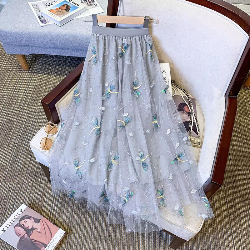 Falda larga plisada con bordado de libélula para mujer, faldas de tul de hadas, faldas de malla elásticas de cintura alta, moda de verano, 2024