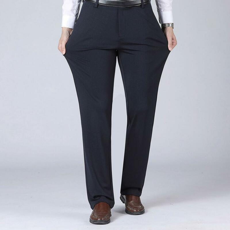 Zimowe męskie spodnie ciepłe pluszowe męskie spodnie garniturowe stylowe spodnie biznesowe z wysokim stanem głębokie krocze przytulne kieszenie boczna kieszeń mężczyzn